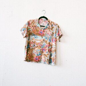 Vintage 80s/90s Super Soft Hawaiian Tropical Print Polo w/ Herons & Hibiscus